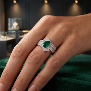 Elegant Pear Shaped Green Gemstone <b>Ring</b> with Pave White Stones Women Luxury Statement <b>Cocktail</b> Jewelry - Product Image 3