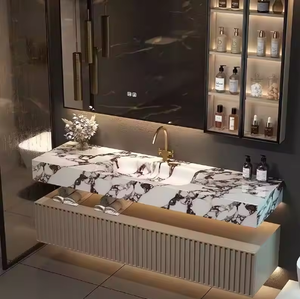 Meuble de salle de bain moderne en bois massif, meuble-lavabo gain de place avec tiroir de rangement pour villas et hôtels - Product Image 5