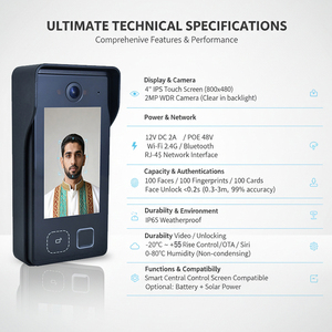 Interphone intelligent Hiwink 4 pouces avec caméra grand angle 160 degrés, sonnette de <span class=keywords><strong>porte</strong></span> IP65, écran tactile avec déverrouillage par reconnaissance faciale, empreinte digitale et paume - Product Image 2