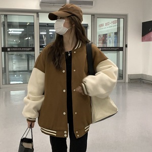 Women's Fleece <b>Lined</b> Baseball Jacket Solid Color Thick Warm Autumn Winter Outerwear Harajuku Style Loose Fit Casual <b>Coat</b> - Product Image 4