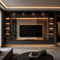 Table TV contemporaine en contreplaqué noir grande capacité avec écran LED, rangement dissimulé, écologique, durable, construction de luxe pour