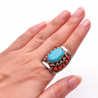 Vente en gros de bagues tibétaines classiques en argent, bijoux de style antique en corail turquoise pour femmes et filles-Cadeau pour mariages et fêtes