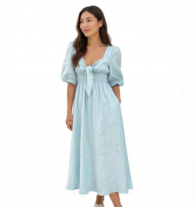 Nuovo Design <span class=keywords><strong>Abito</strong></span> Lungo Boho da Donna <span class=keywords><strong>Azzurro</strong></span> con Scollo a V, Maniche a Sbuffo, Laccio Frontale e Vita Arricciata, Vestito Casual - Product Image 1