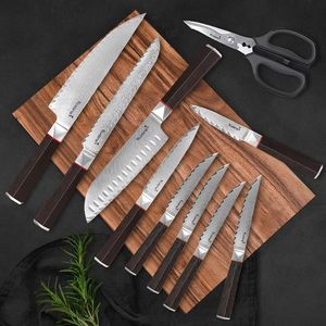 Juego de Cuchillos de Cocina Kuisine de 12 Piezas de Acero de Damasco con Bloque Afilador Integrado, Mango de Madera Antideslizante, Apto para Lavavajillas, Alto Pulido - Product Image 2