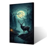 Seni Dinding Kanvas Rusa Mistis Modern Pemandangan Hutan Bulan Purnama Cetak HD untuk Dekorasi Ruang Tamu dan Ruang Game