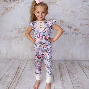 Ensemble de pyjamas pour filles, imprimé floral, style princesse, volants, nœud, dentelle, doux, en bambou, manches longues, fermeture à boutons, deux pièces, vêtements de détente - Product Image 1