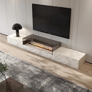 Modern <strong>White</strong> Marble <strong>TV</strong> <strong>Stand</strong> with Tempered Glass Top and Fireplace for Living Room Hotel &amp; Apartment Use - Product Image 4