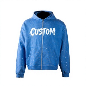 Custom Men <b>Hoodie</b> 100% Cotton Embroidery Mens Clothing Rhinestone Boxy Fit Streetwear Heavyweight Zip up Hoodies for Men - Product Image 3