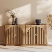 Buffet moderne en bois cannelé, armoire de rangement, console d'appoint symétrique en arc couleur caramel, grande table console pour salle à manger et cuisine