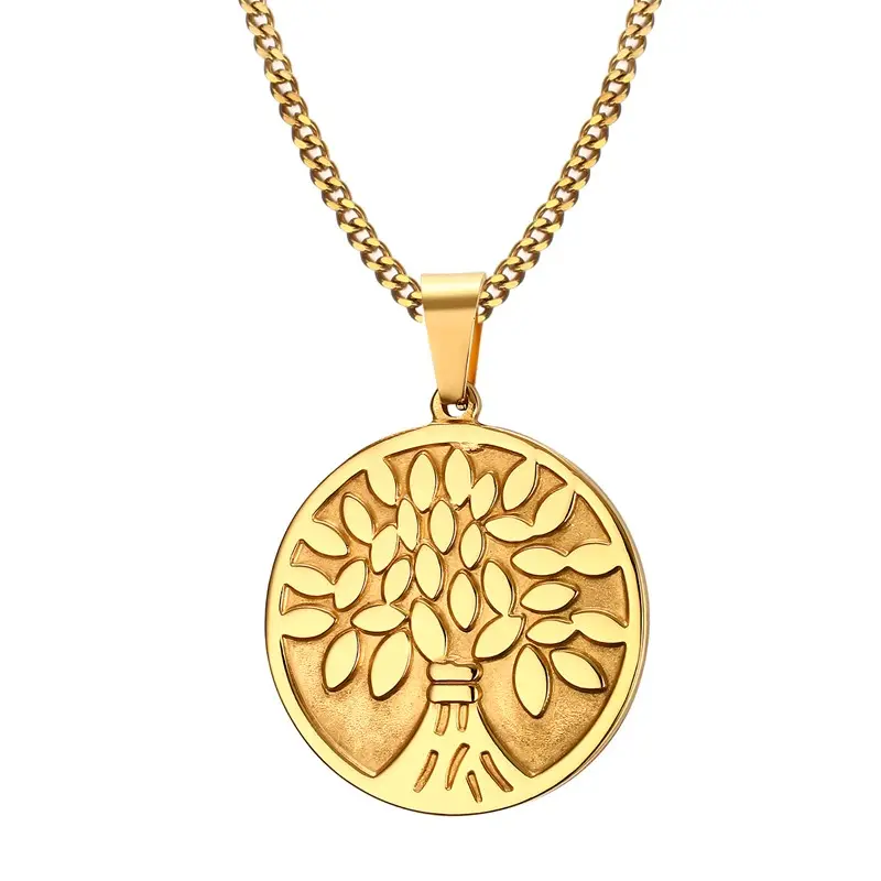 Collier pendentif circulaire arbre de vie en acier inoxydable plaqué or 18 carats de conception créative pour bijoux pour femmes