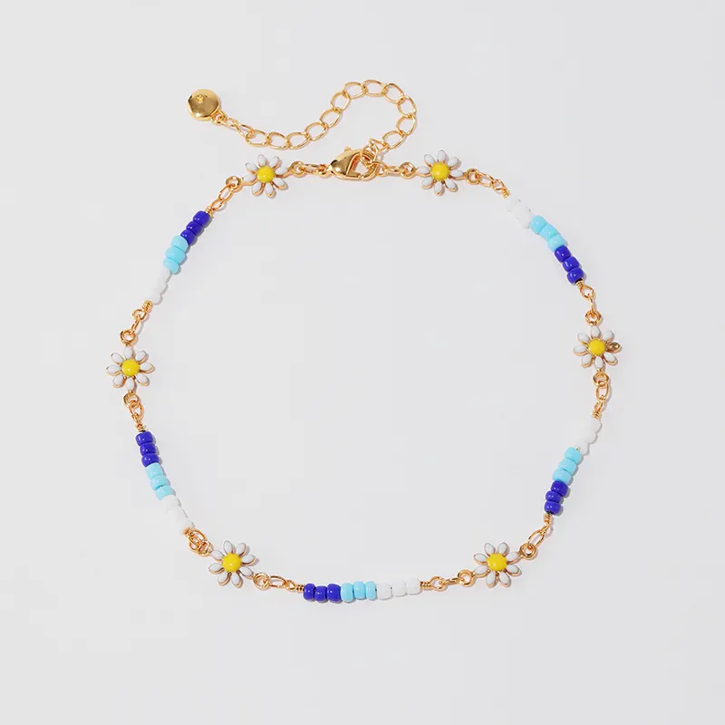 Bohemian holiday style ladies body jewelry copper plated 18K gold fashion daisy flower beaded chain anklet