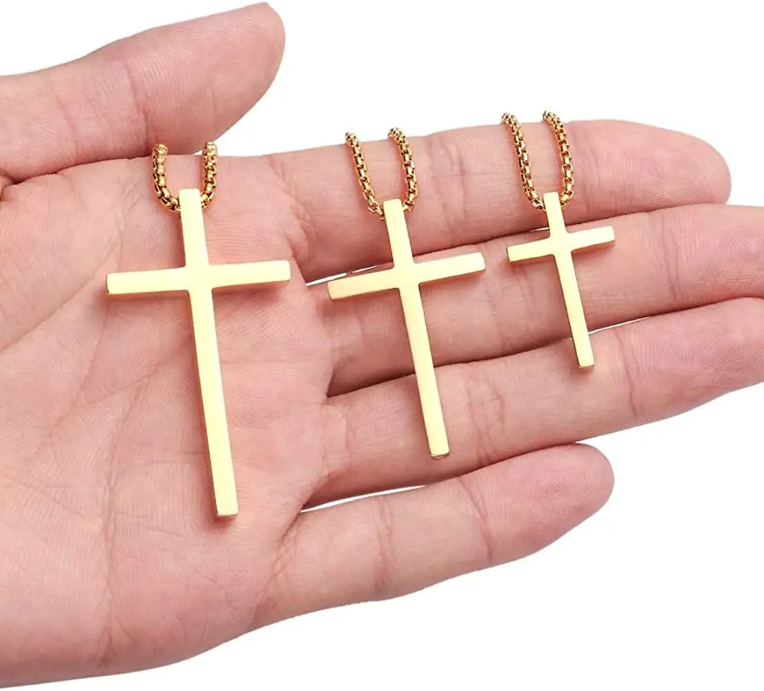 wholesale fashion simple stainless steel plain cross gold silver hip hop long chain small boys cross pendant necklace for men