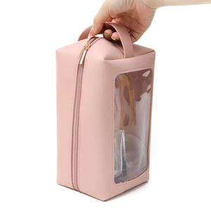 PU Leather <b>Transparent</b> Window Cosmetic <b>Bag</b> Durable <b>Makeup</b> BagPortable Toiletry Pouch with Handle - Product Image 4