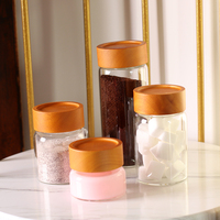 Pot à épices en verre borosilicate avec couvercle en bois de chêne, ouverture filetée, récipient de stockage pour aliments secs pour la cuisine