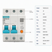 Disjoncteur différentiel (RCBO) TENGEN TGB1NLE-40 C32A C40A 3P 4P Courbe 30mA 380V 400V, certifié CE CB UL, 6kA, rail DIN