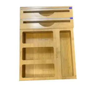 Bamboo Ziplock Bag Storage Organizer with Aluminum Foil Organizer Wax Paper Plastic Wrap Dispenser for Kitchen Drawer