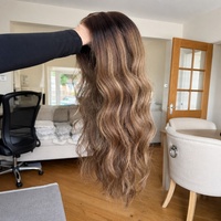 Perruque Lace Front sans colle en cheveux européens vierges, couleur Balayage Brun Blond, avec dessus en dentelle et sangle réglable, pour femmes souffrant de perte de cheveux