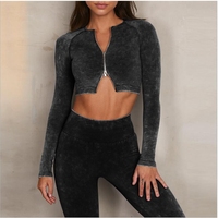 Ensemble de sport et fitness pour femme grande taille en tricot sans couture effet denim délavé au sable, à manches longues, avec double fermeture éclair et ceinture à lacets