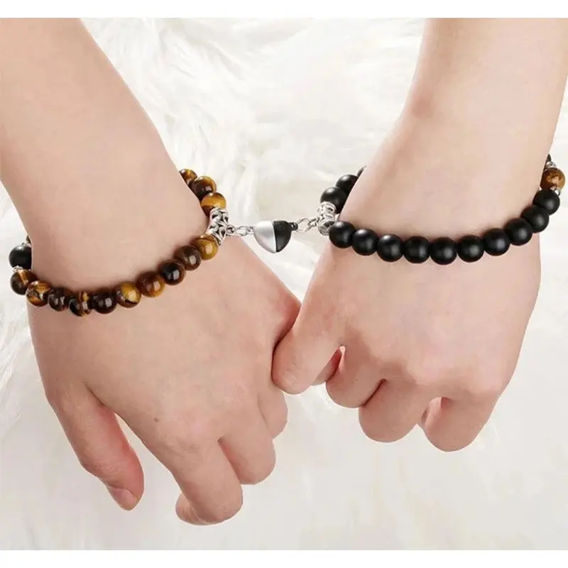 2pcs_set Natural Stone Beads Jewelry Gift For Lovers Heart Shaped Distance Magnet Attraction Couple Bracelet