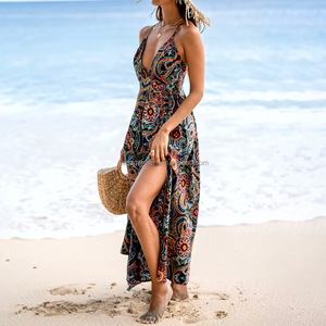 فستان شاطئ طويل أنيق وعصري لعام 2024 بطباعة زهور وحمالات رفيعة بدون أكمام للنساء في العطلات - Product Image 3