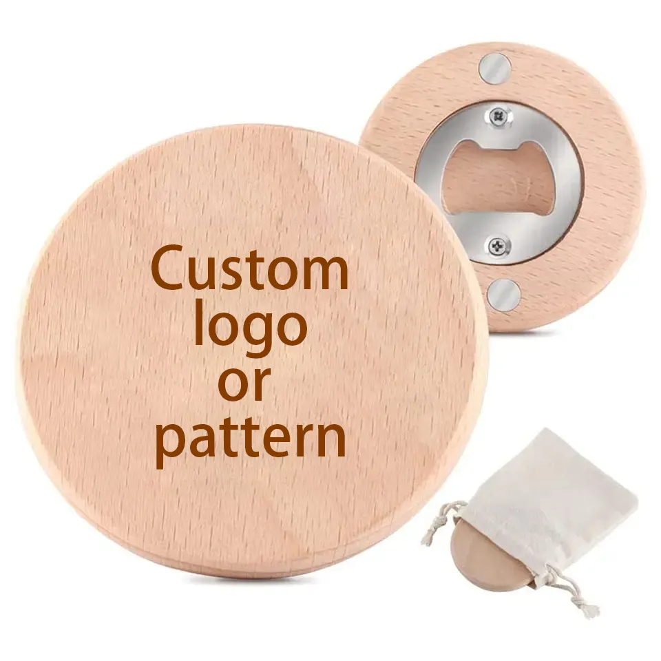 Custom logo promotional fridge magnet beer opener blank round shape wooden bottle opener for home decoration