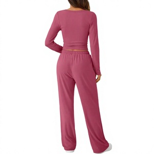Ensemble décontracté 2 pièces tricoté pour femme : haut court à manches longues et pantalon large, col rond, couleur unie, respirant, coupe ample, survêtement - Product Image 6