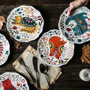 Placa de cerâmica redonda japonesa, desenho animado à mão, sorte, gato, colorida, personalidade, criativo, placa nórdica, utensílios de mesa