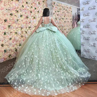 Robes de Quinceanera robe de soirée Spaghetti sangle sans manches dos nu Trail 3D papillon dentelle décalcomanie douce robe de bal vert menthe