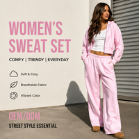 Survêtement décontracté ample en molleton de coton pour femme, avec veste à capuche courte zippée brodée et pantalon large, grandes tailles