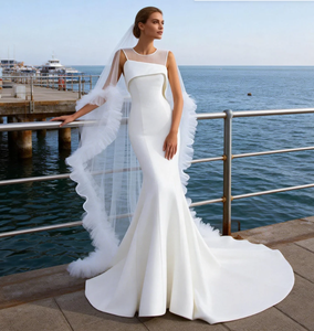 fitted lace wedding dress Long Sleeves High Neck Mermaid Lace Wedding Dress – 27dress main image 1