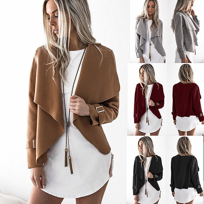 New Fashion Womens Open Stitch TurnダウンCollar Jacket Outwear Korean Ladies Short Wool Trench Coat