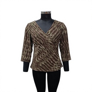 V-neck Leopard Print Wrap <b>Top</b> Three Quarter Sleeve Casual Loose Fit Woven Viscose Polyester All Seasons <b>Dress</b> - Product Image 1