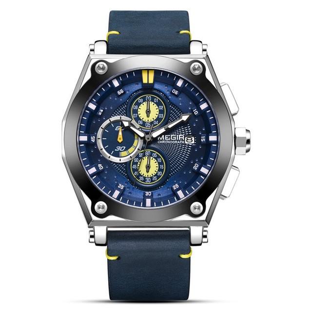 Men's Sport Chronograph Quartz Watch Waterproof Wristwatch with Leather Strap Date Window Multi-functional Dial Alloy Case