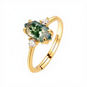 Natural Green <b>Moss</b> <b>Agate</b> 925 Silver Prong Setting Wedding Retro Gemstone Wholesale <b>Ring</b> Gold Plated Hexagon Shape Party Jewelry - Product Image 3