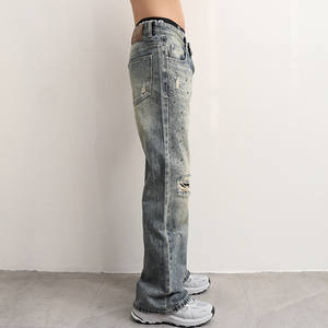 A24AZ-W615/Starry <span class=keywords><strong>Sky</strong></span> Jeans Rotos con Pedrería, Estilo Desgastado, Corte Recto Holgado para Hombre, Marca de Moda de Gama Media-Alta, Retro - Product Image 3