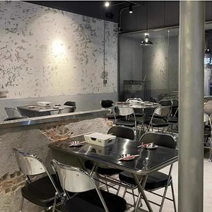 Juego de <span class=keywords><strong>restaurante</strong></span> de comida rápida de estilo industrial, sofá de asiento suave, mesa de comedor de acero inoxidable, Panel de Metal para centro comercial, cafetería, tienda de catering - Product Image 5