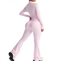 Ensemble de sport 2 pièces pour femme : Haut zippé à manches longues et leggings évasés taille haute – Tenue de fitness personnalisable avec logo OEM/ODM – Vente en gros
