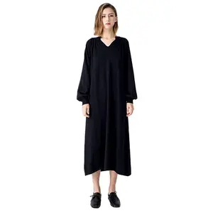 Ecoach 2022 Spring wholesale custom fashionable plain black long sleeve jersey v-neck dress for women