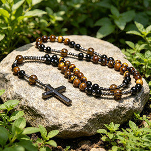 Collar de Rosario Católico de Piedra Natural Ojo de Tigre con Colgante de Cruz de Hematita para Hombres y Mujeres, Joyería de Meditación - Product Image 2