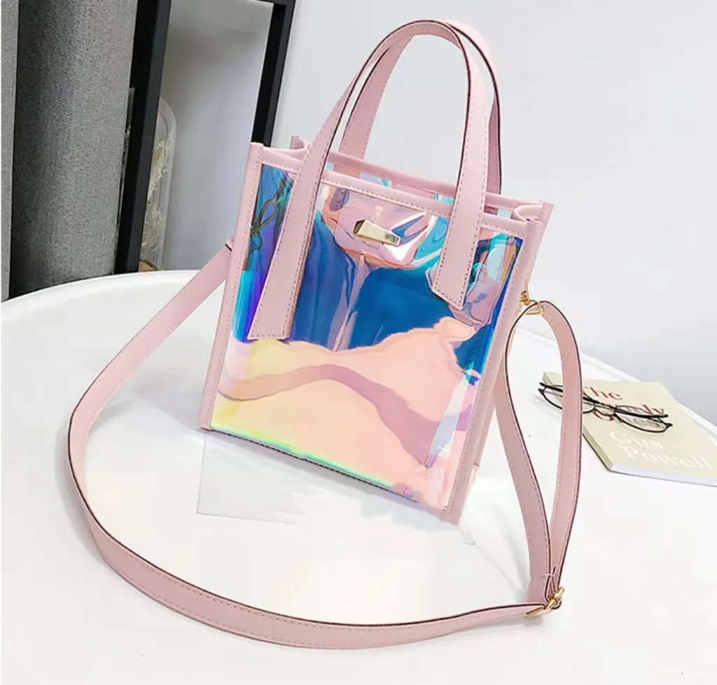 2024 new product Iridescent Tote Handbag for Women Fashionable Square Bag with Zipper Closure Two Handles Polyester Lining-Gift