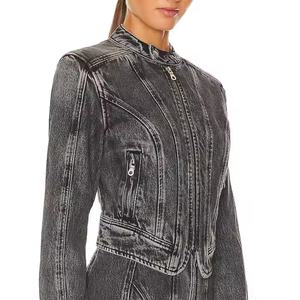 Nuevo Diseño Conjunto de Jeans de Mezclilla de Alta Calidad para Mujer, Chaqueta Corta Sexy con Cremallera, Falda en Línea A, Jeans de Mezclilla Deslavados con Efecto Ácido, Traje de Jeans para Mujer - Product Image 5