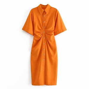 Donne Elegante di Modo Button-up Drappeggiato <span class=keywords><strong>Midi</strong></span> del Vestito Della <span class=keywords><strong>Camicia</strong></span> Del Manicotto Del Bicchierino Dell'annata Cerniera Laterale Femminili Abiti Vestidos - Product Image 1