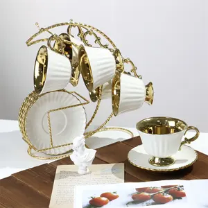 Home goods royal luxury plating gold ceramic six cup and saucer set espresso coffee tea cup set with metal rack