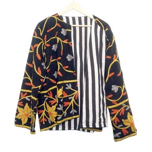ART&ART Floral Embroidery Quilted Cotrise <b>Jacket</b> <b>Mandarin</b> <b>Collar</b> Covered Button Closure Handmade Cotton Lining Eco-Friendly - Product Image 1