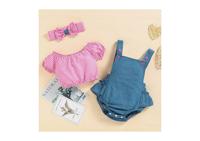 Ensemble 2 pièces pour petites filles : Haut caraco à manches longues avec imprimé lettres et bretelles à nouer + Jupe plissée effet jean avec ceinture – Tenue d'été pour enfants