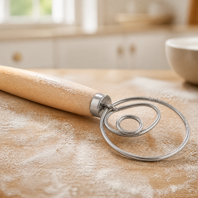 Danish Dough Whisk, Stainless Steel Bread Whisk with Wooden Handle for Kneading and Mixing Dough