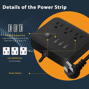 Multiprise certifiée CUL avec <span class=keywords><strong>USB</strong></span>, rallonge 3 prises, 3 ports <span class=keywords><strong>USB</strong></span>, multiprise avec protection contre les surtensions, prises multiples - Product Image 2