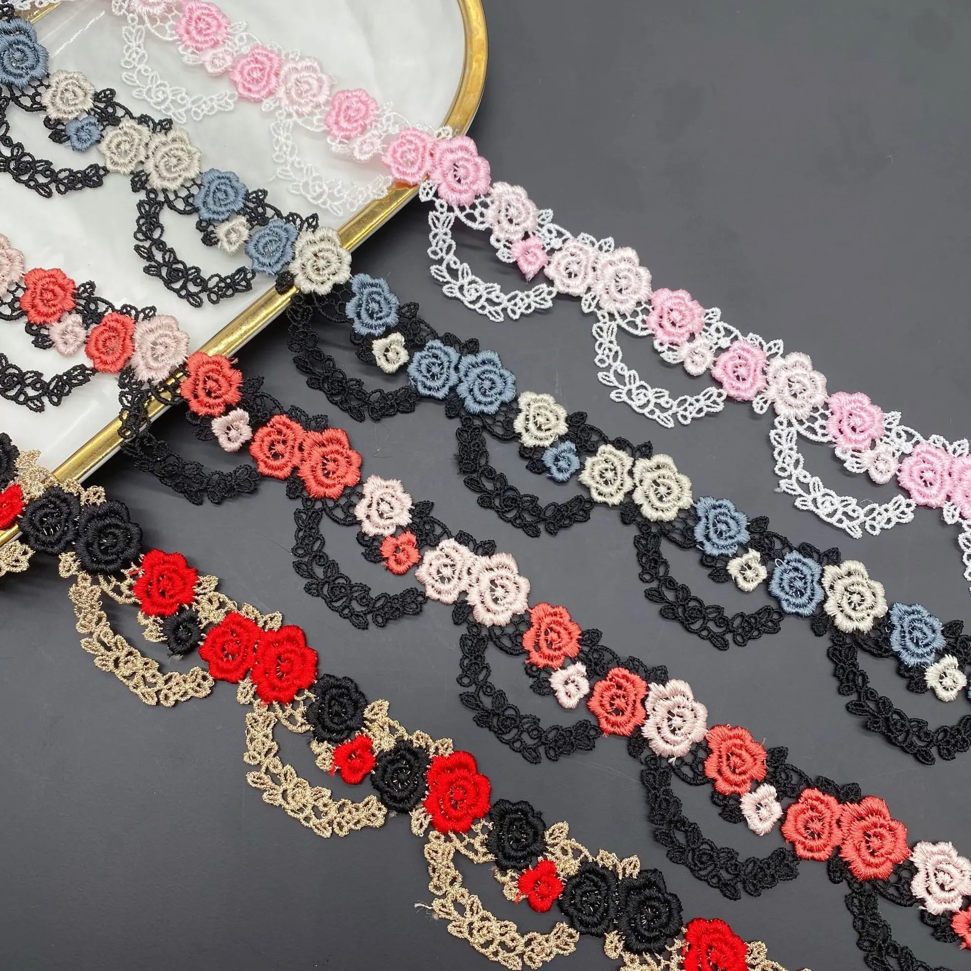 Wholesale customization Lace polyester 3D flower Guipure lace rhinestone decoration embroidery lace trim