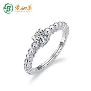 Anillo Solitario de Plata de Ley S925 con Moissanita Redonda, Tallo con Cuentas, Ajustable, Estilo Vintage, Anillo de Boda Elegante para Mujer - Product Image 6