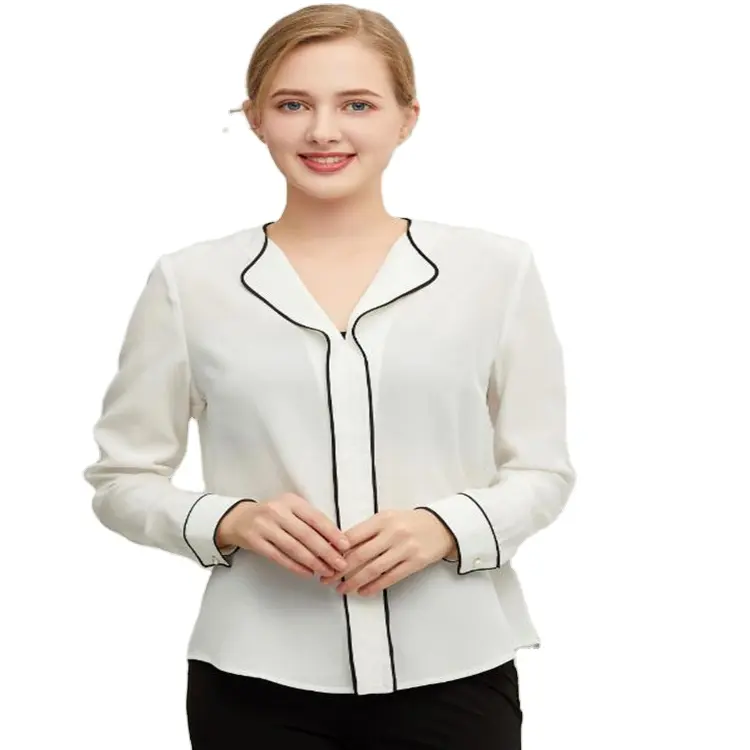 wholesale silk shirts 23mm stretch crepe silk shirt women fashion shirt with black bag edge